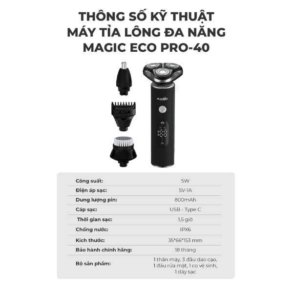 Máy tỉa lông Magic Eco Pro 40 800mAh – Máy cắt tóc và tỉa lông đa năng kèm 4 phụ kiện